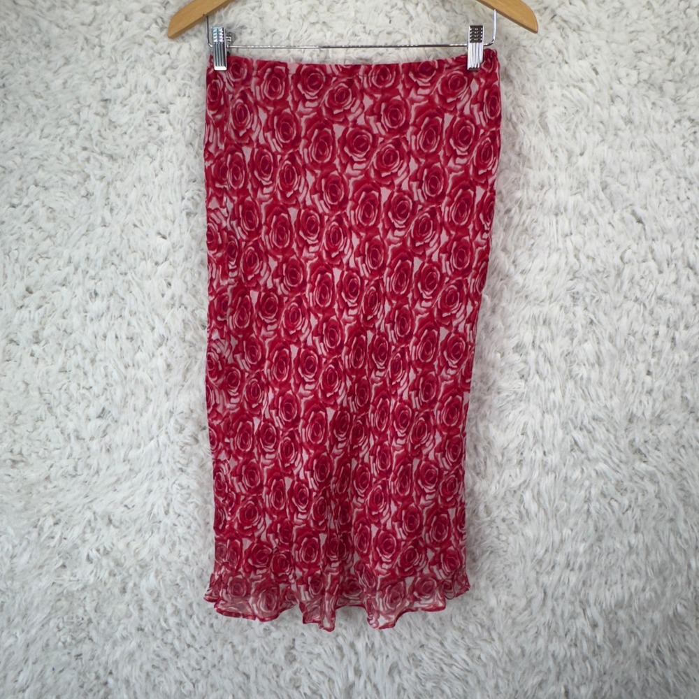Sarah B Studio Silk Midi Skirt S Red Rose Floral Romantic Cottagecore Y2K Chic